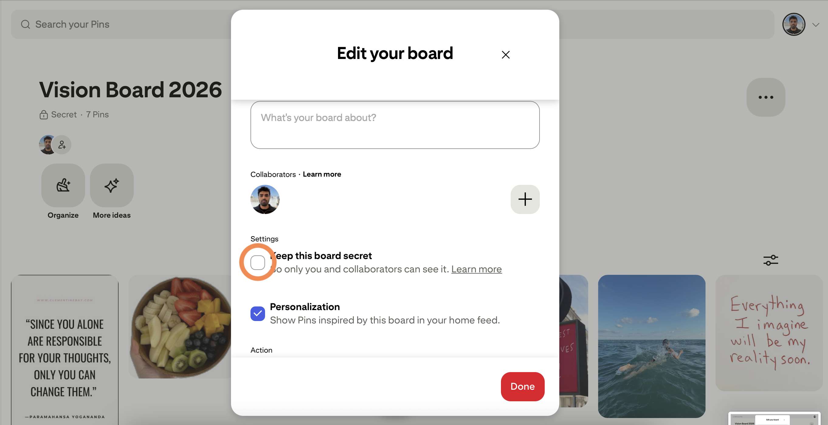 Pinterest settings with the secret toggle off